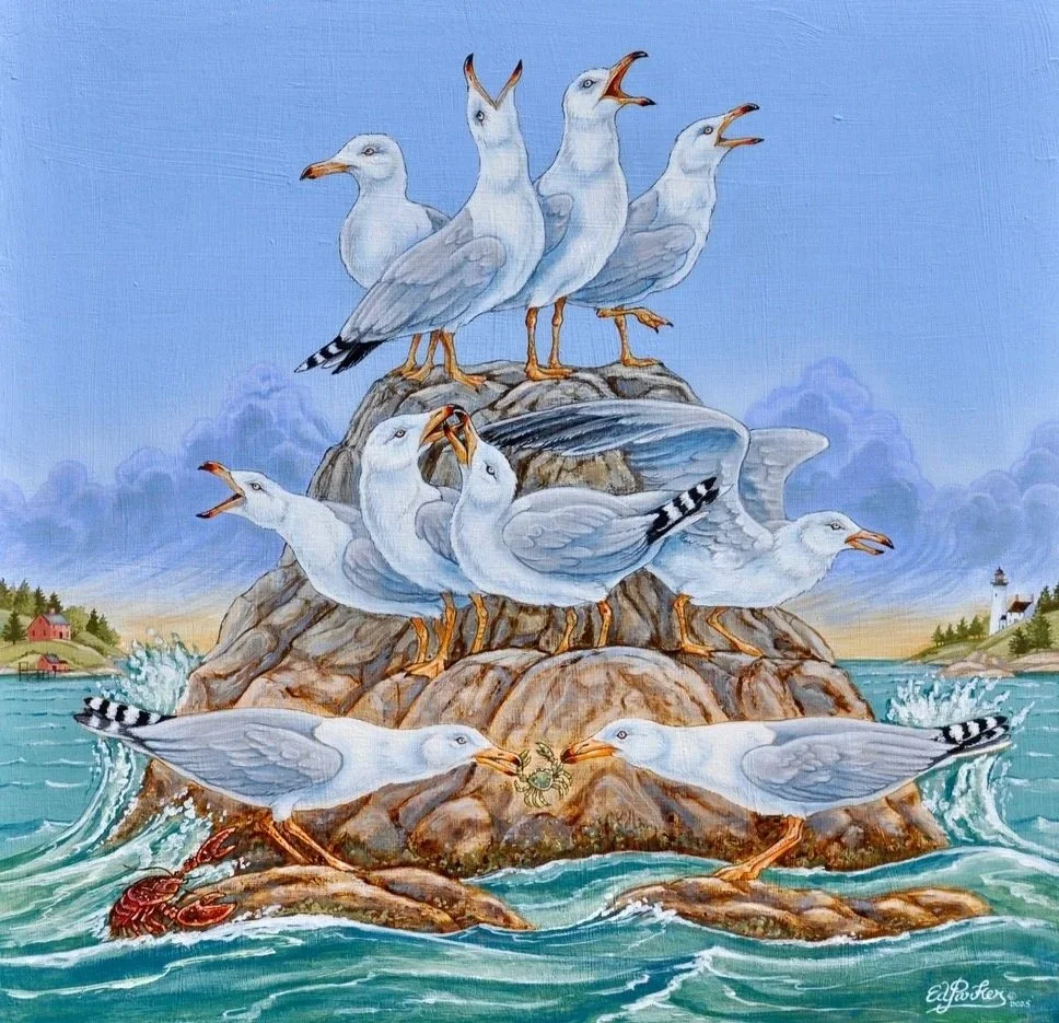 Ed Parker - A Squabble of Seagulls - acrylic/mixed medium on board, 18" x 18" - $10,500