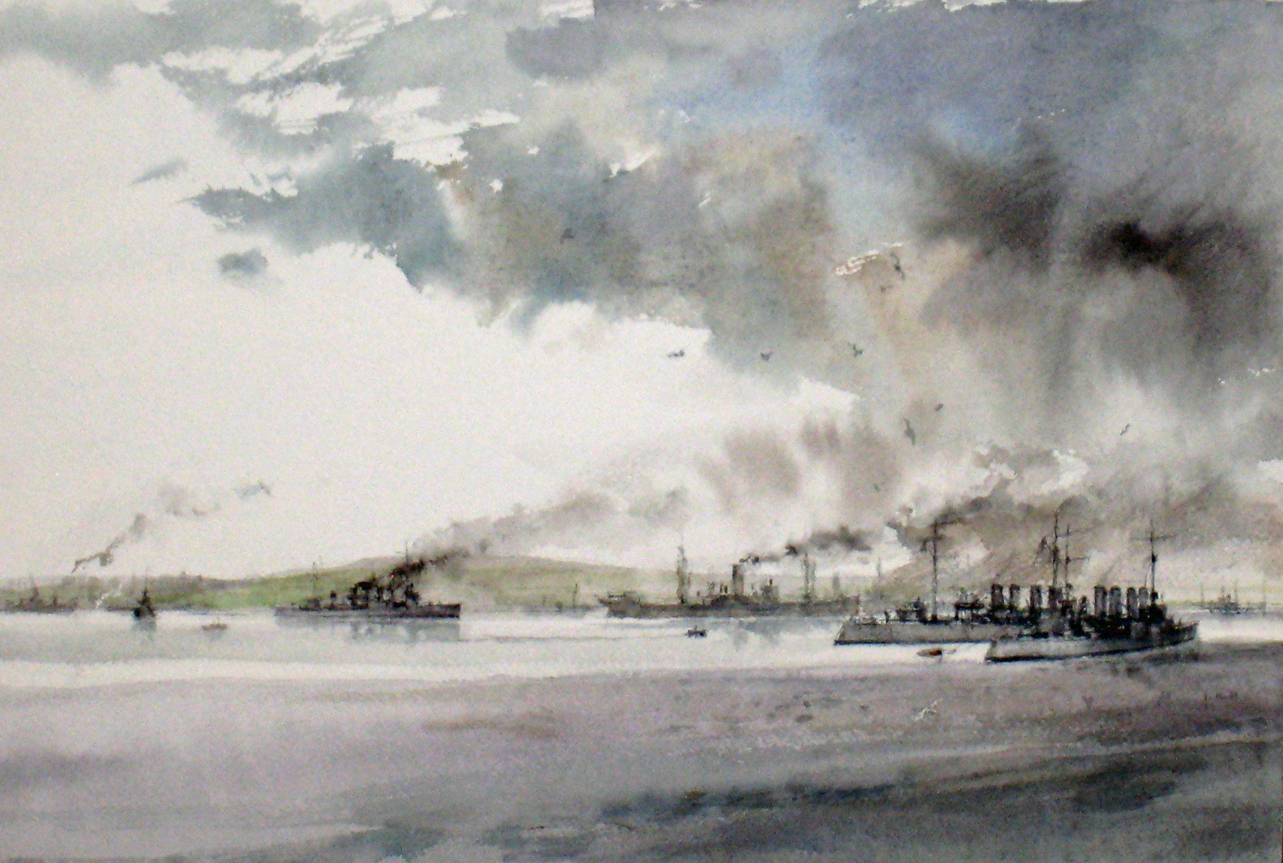 American Four-stackers in Bedford Basin, Halifax, 1941 - watercolor, 14" x 21" - $5,500