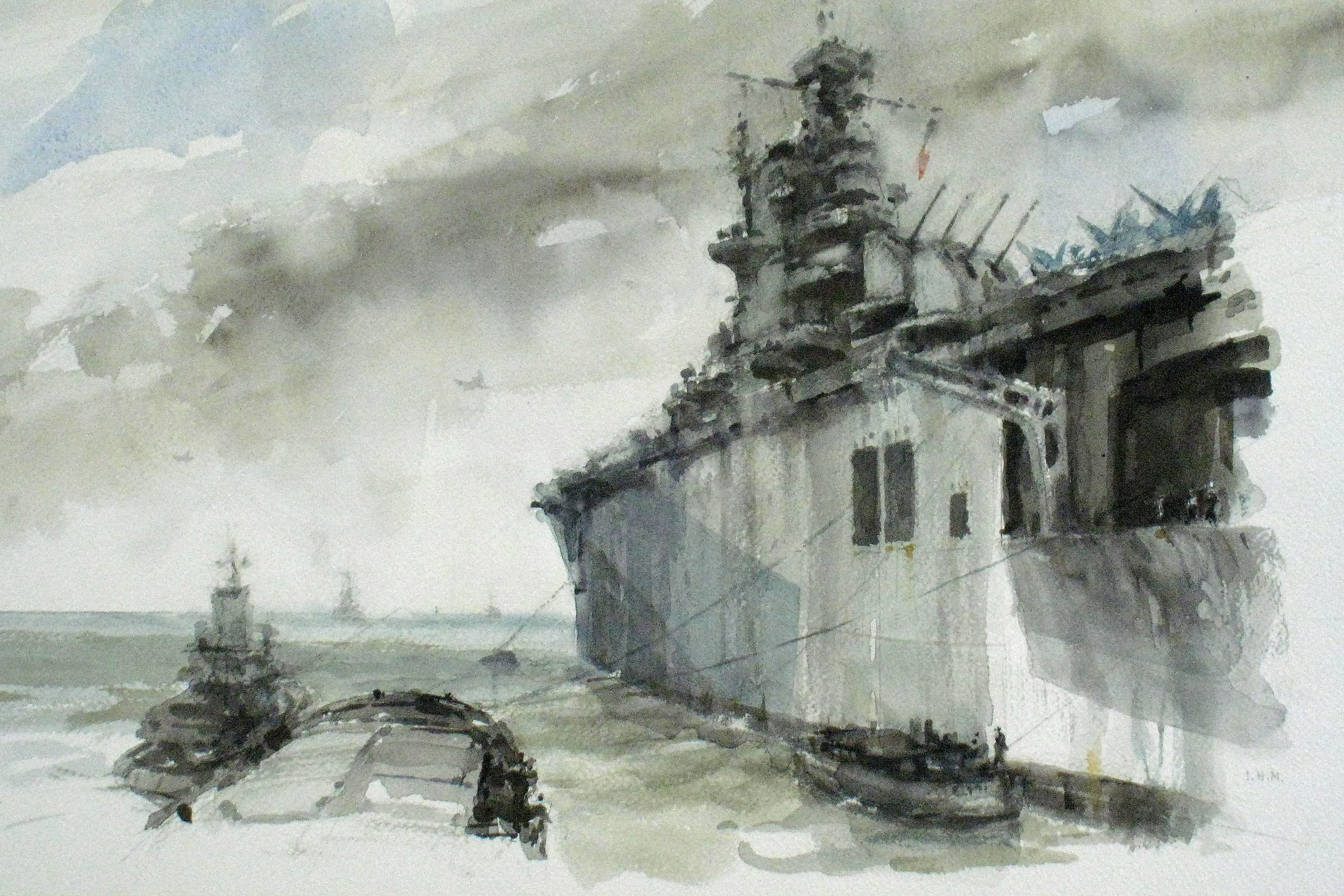 USS INTREPID CV-11 loading munitions, 1944 - watercolor, 14" x 21" - $5,500