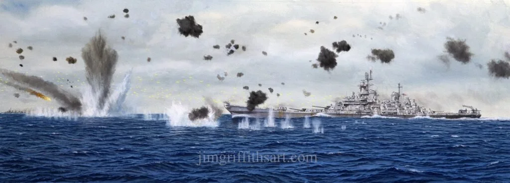 Stopping the Divine Wind, USS MISSOURI (BB-63) - gouache, 13 1/2 x 37 3/4"  - $8,500