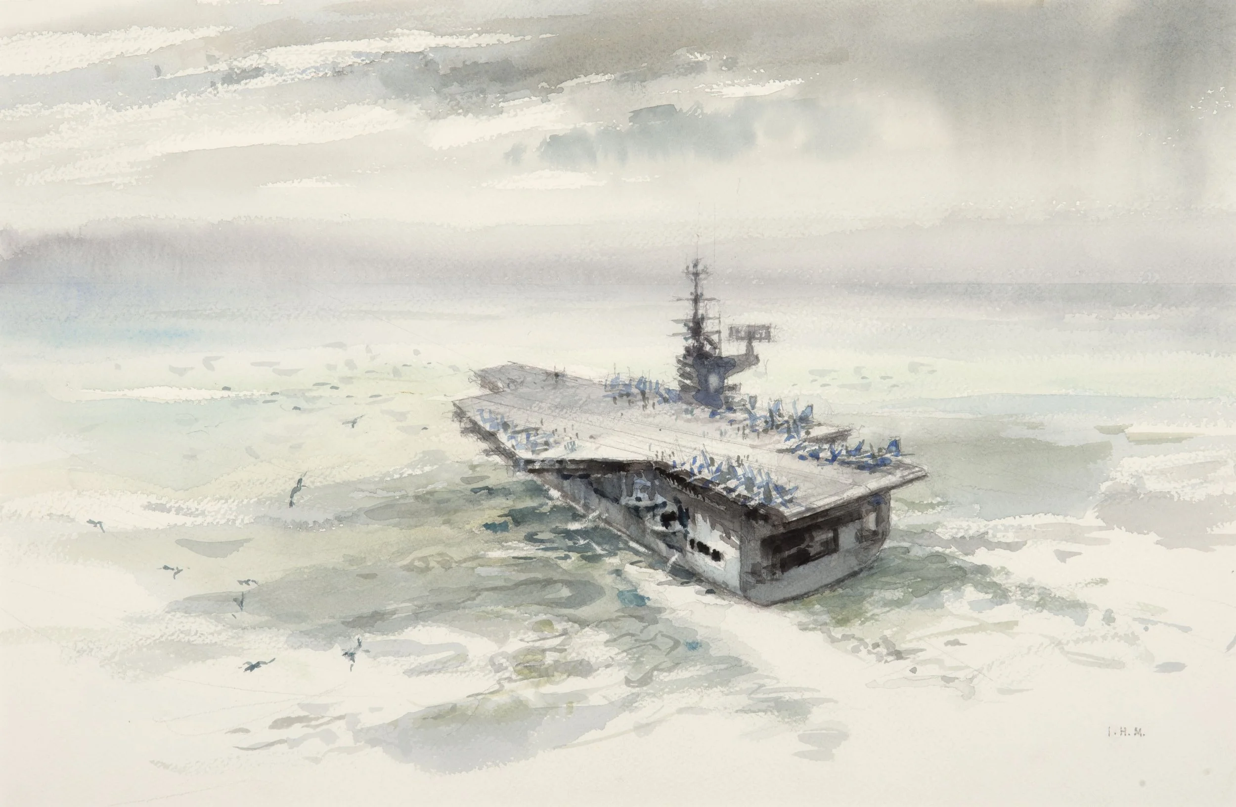 USS INDEPENDENCE CV-62 at sea, 1965 -watercolor, 14" x 21" - $5,500