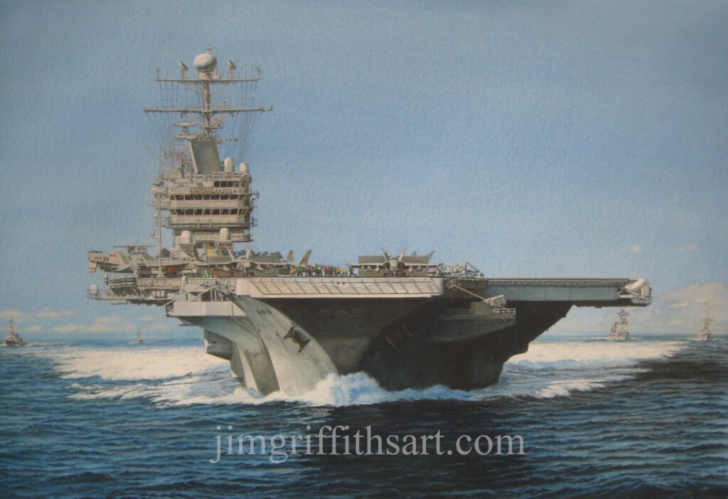 Power Projected, USS ABRAHAM LINCOLN (CVN-72) - gouache, 16 1/4 x 26" - $8,500