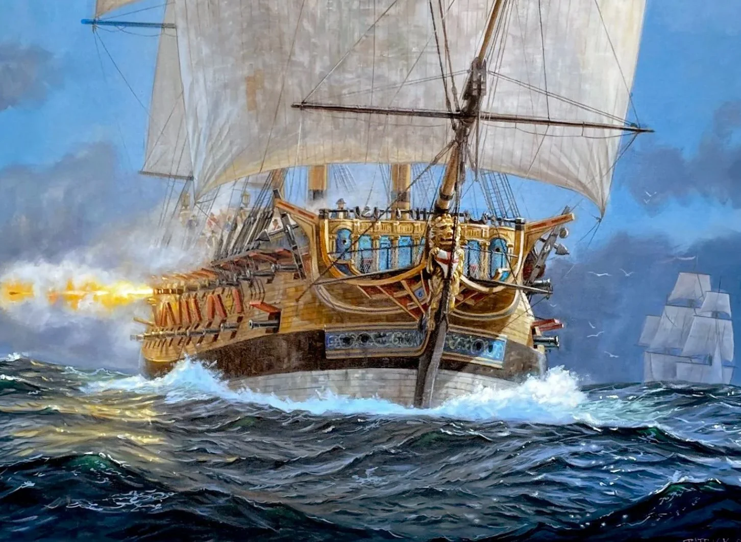 Patrick	O'Brien - Guardian of the Empire: A Royal Navy Ship of the Line -  oil on canvas - 24 x 36" -  $19,500 
