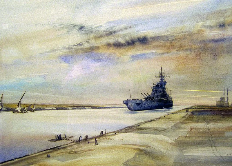USS WISCONSIN, Suez Canal, August, 1990, watercolor, 21 x 28" - $6,800