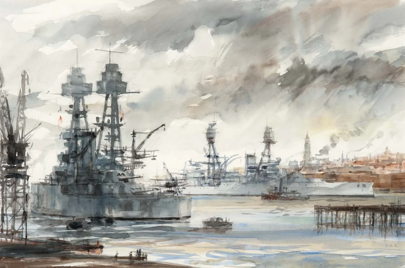 USS OKLAHOMA and NEVADA, Charlestown Navy Yard, Boston, 1935 - watercolor, 14" x 21" -$5,500