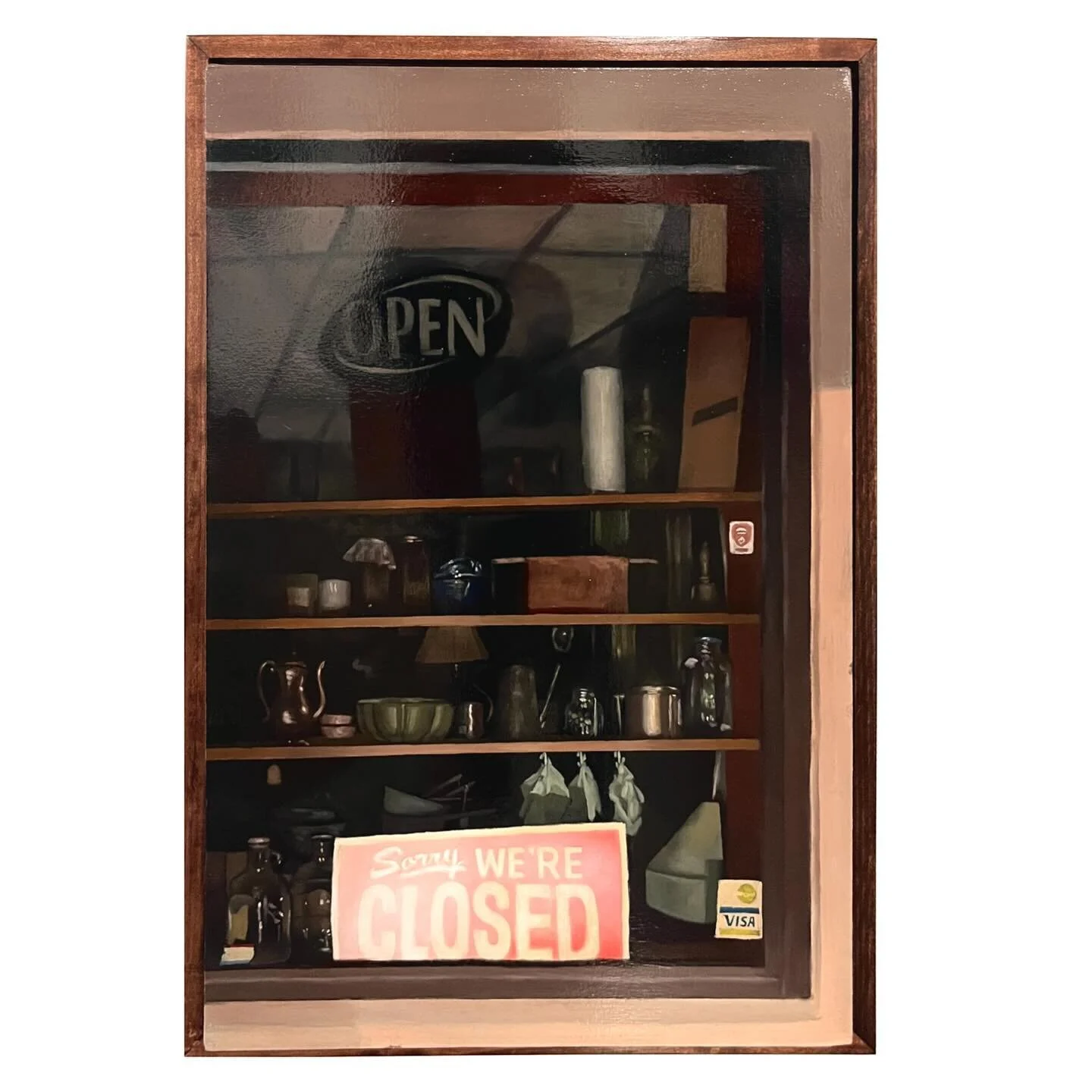 &ldquo;after hours&rdquo; // framed 20 x 30 in oil on canvas with glossy finish // my goal with this one was to make it a bit reflective like a glass window at night. lots of lamp black and liquin with a thick layer of damar varnish on top worked pre