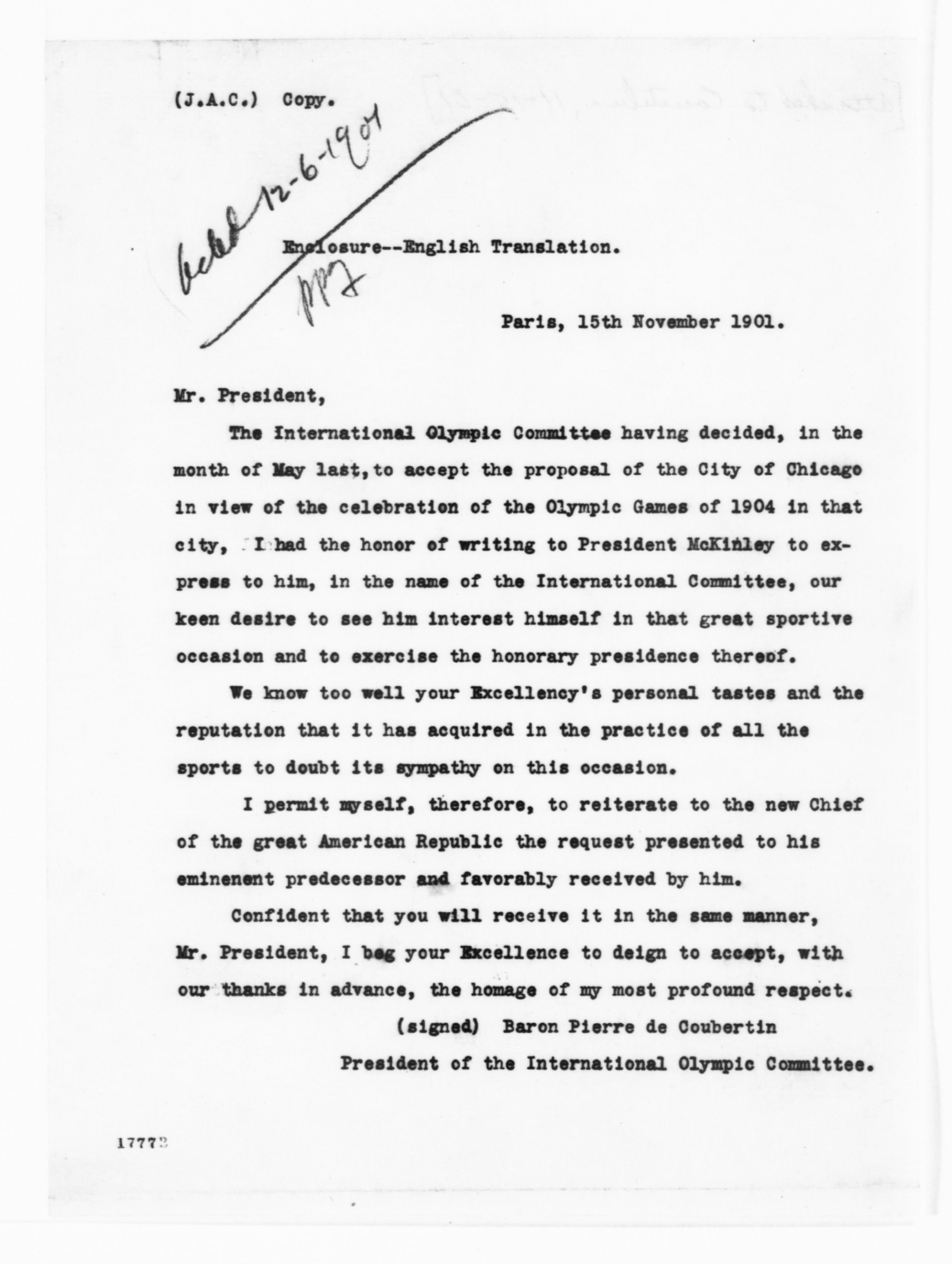 Letter from Pierre de Coubertin to Theodore Roosevelt