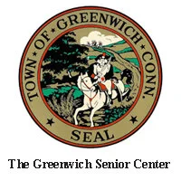 Seal of the Town of Greenwich, featuring a person on a horse in a landscape with trees and hills, and the text "Town of Greenwich, Conn. Seal" around the border.