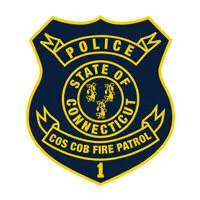 Police badge for Connecticut State Police, with a gold seahorse in the center and the words 'Police', 'State of Connecticut', 'COS COB Fire Patrol', and the number '1'.