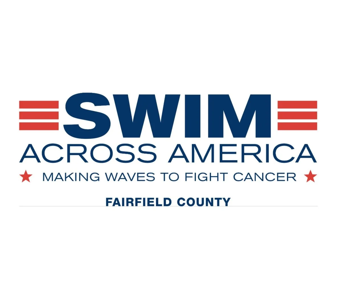 Swim Across America logo with red and blue text and design elements, promoting a cancer-fighting event in Fairfield County.