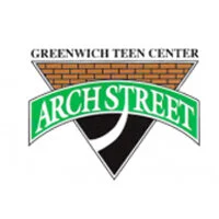 Logo for Greenwich Teen Center with a green banner reading 'Arch Street' and a stylized street graphic.