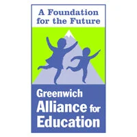 Logo for Greenwich Alliance for Education with the tagline 'A Foundation for the Future', featuring silhouettes of children jumping around a large rock or globe, in green, blue, and gray colors.
