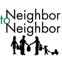 Silhouette of four people, including two children with a shopping bag, a person with a leash, and a person holding a basket, walking together.