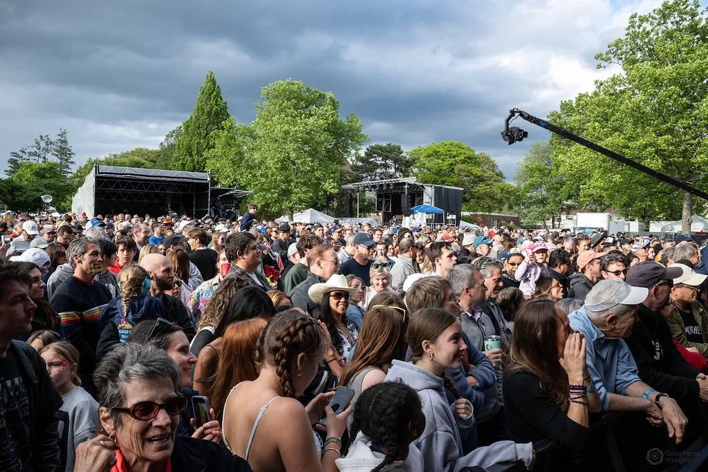 Crowd gathered outdoors at a concert or festival, with a stage and large video camera crane in the background, under cloudy skies with trees around.