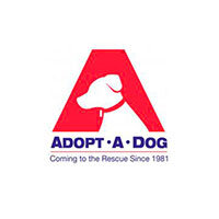 Logo for Adopt-A-Dog featuring a red letter 'A' with a white dog silhouette and the tagline 'Coming to the rescue since 1981.'