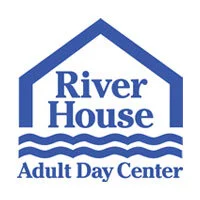 Logo of River House Adult Day Center with a blue house outline and wavy lines underneath