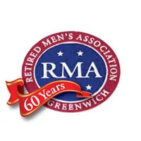 Retired Men’s Association logo with the text 'RMA' inside a blue oval, surrounded by a red ribbon stating '60 Years', and additional text 'Retired Men’s Association Greenwich' around the oval.