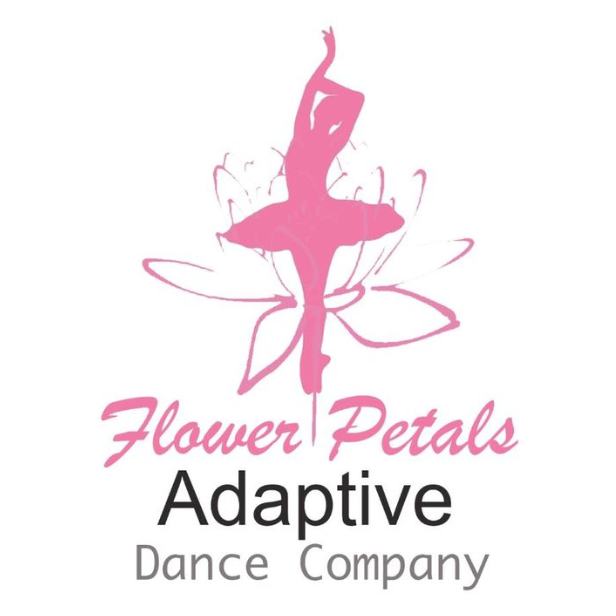 Logo of Flower Petals Adaptive Dance Company featuring a pink ballet dancer silhouette with flower petal accents.
