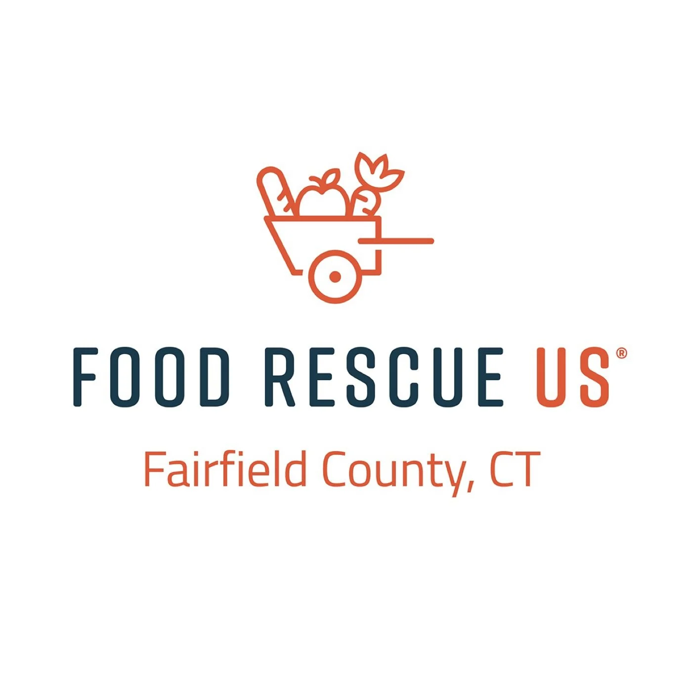 Logo for Food Rescue US Fairfield County, CT, featuring a line drawing of a shopping cart filled with produce and a loaf of bread.