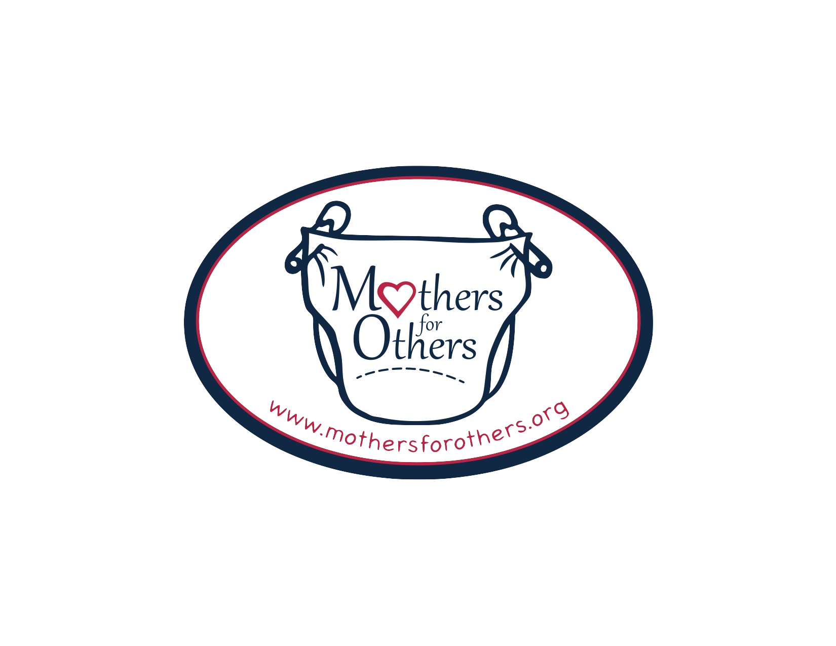 Logo for Mothers for Others, featuring a stylized outline of a baby blanket with the words 'Mothers for Others' and a red heart-shaped 'O' in the middle, all enclosed in an oval.