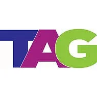 Partial view of a colorful logo with the letters 'TAG' in blue, purple, and green.