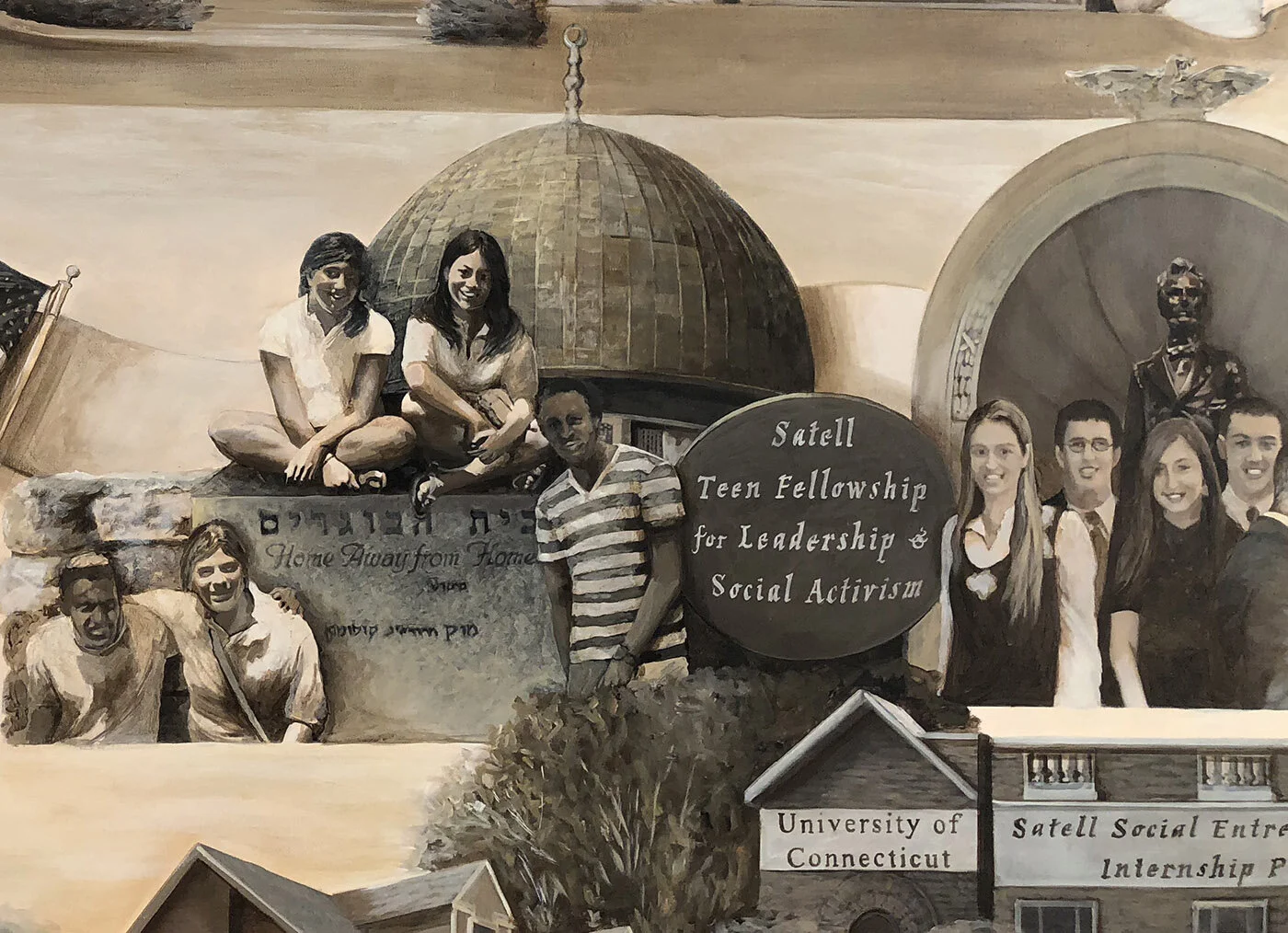 Concern for the Greater Good mural • 67 x 205" • philanthropy mural • 30 philanthropic programs, 2 countries, 95 portraits, 21 landmarks