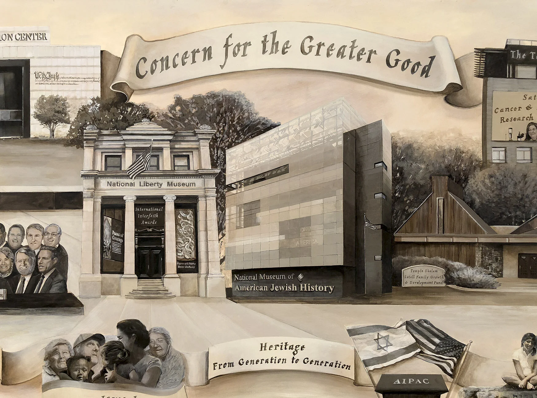 Concern for the Greater Good mural • 67 x 205" • philanthropy mural • 30 philanthropic programs, 2 countries, 95 portraits, 21 landmarks