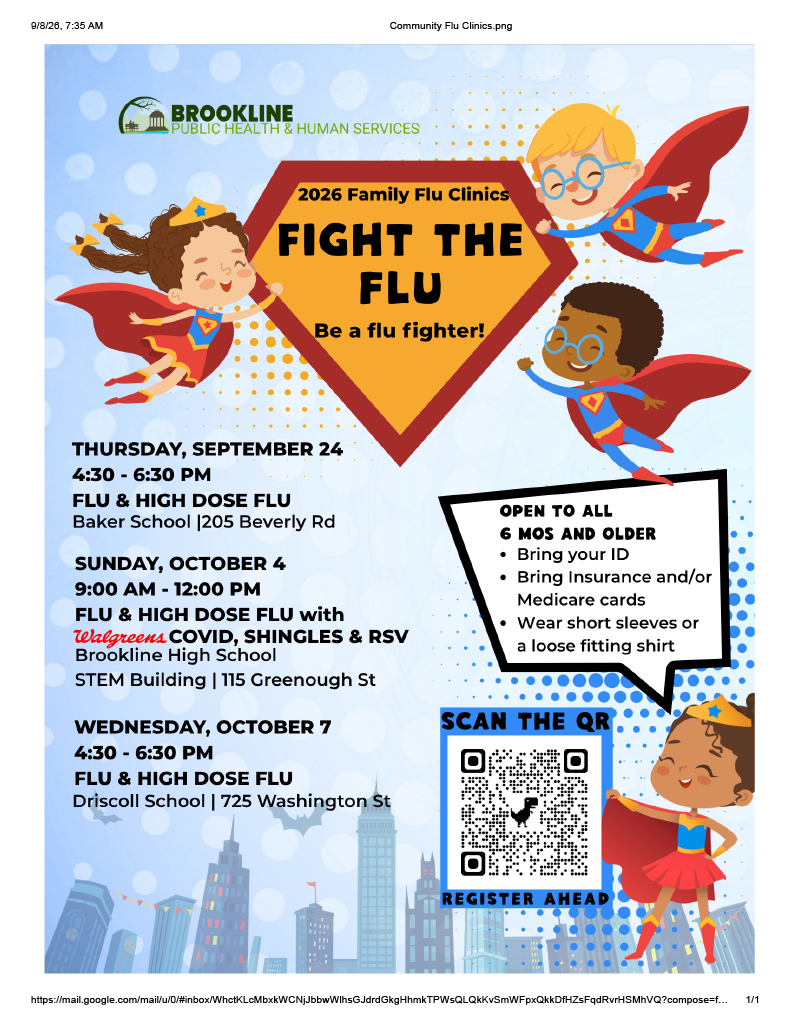 Flyer for Brookline Public Health & Human Services promoting family flu clinics in September and October. The flyer features cartoon children dressed as superheroes, a city skyline background, and a QR code for registration.
