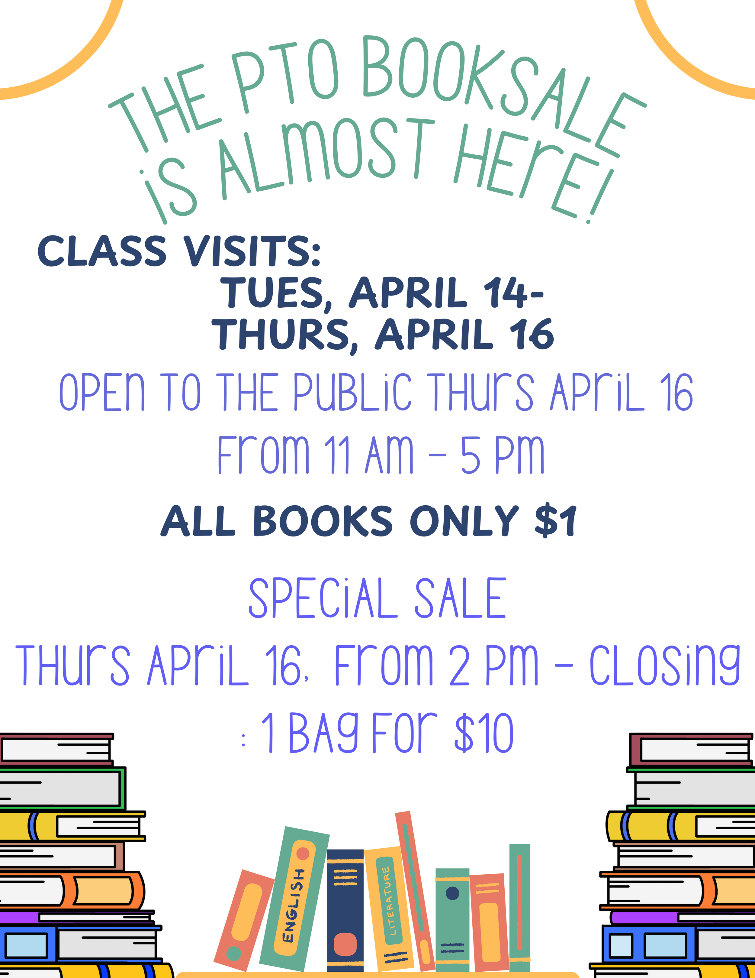 Colorful flyer advertising a book sale at the library, with details of the dates, times, and prices, and illustrations of stacks of books.