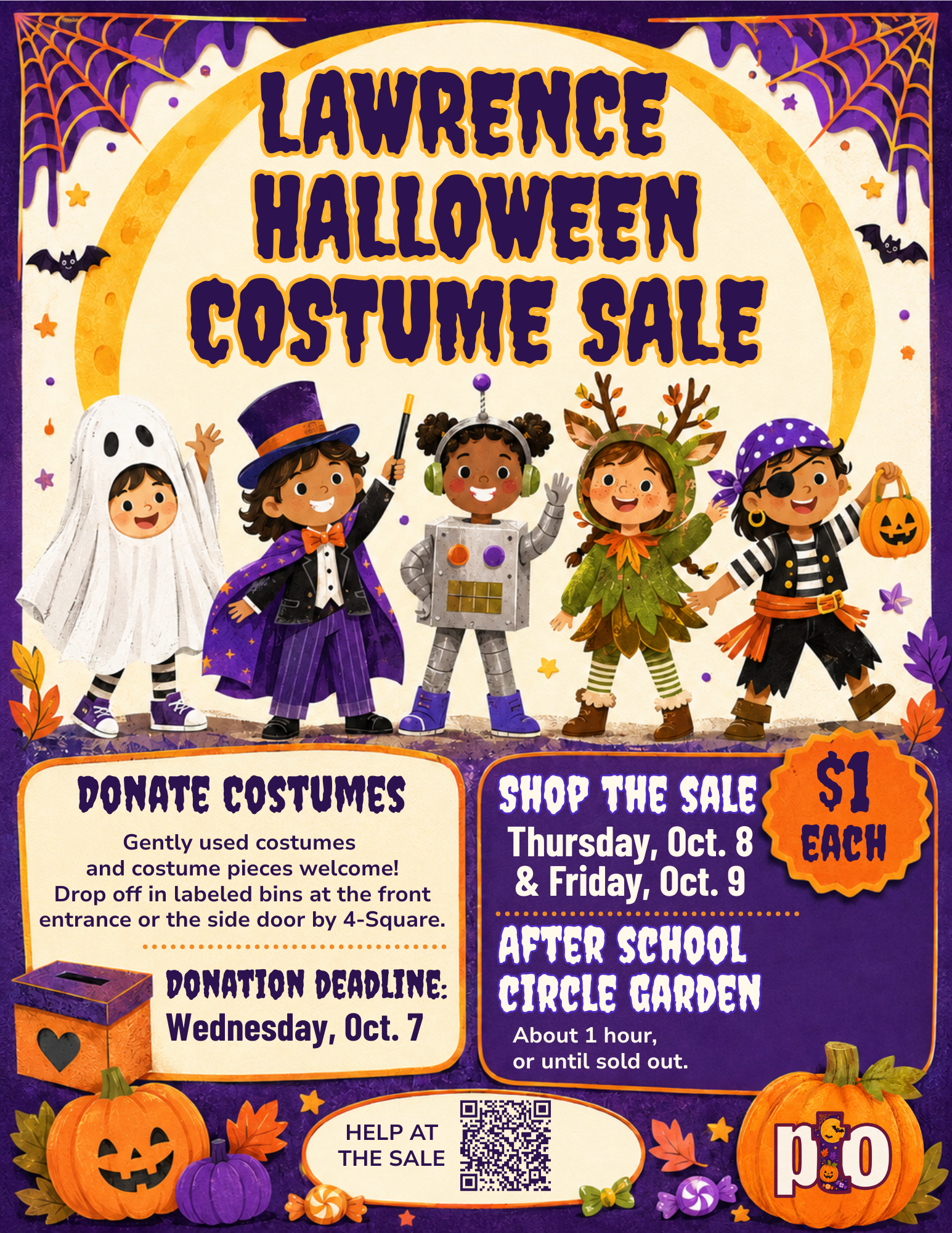 A Halloween-themed flyer advertising a costume sale, costume donations, and after-school activities. Features children in costumes, pumpkins, bats, and spider webs, with text about sale dates, donation deadlines, and activity locations.