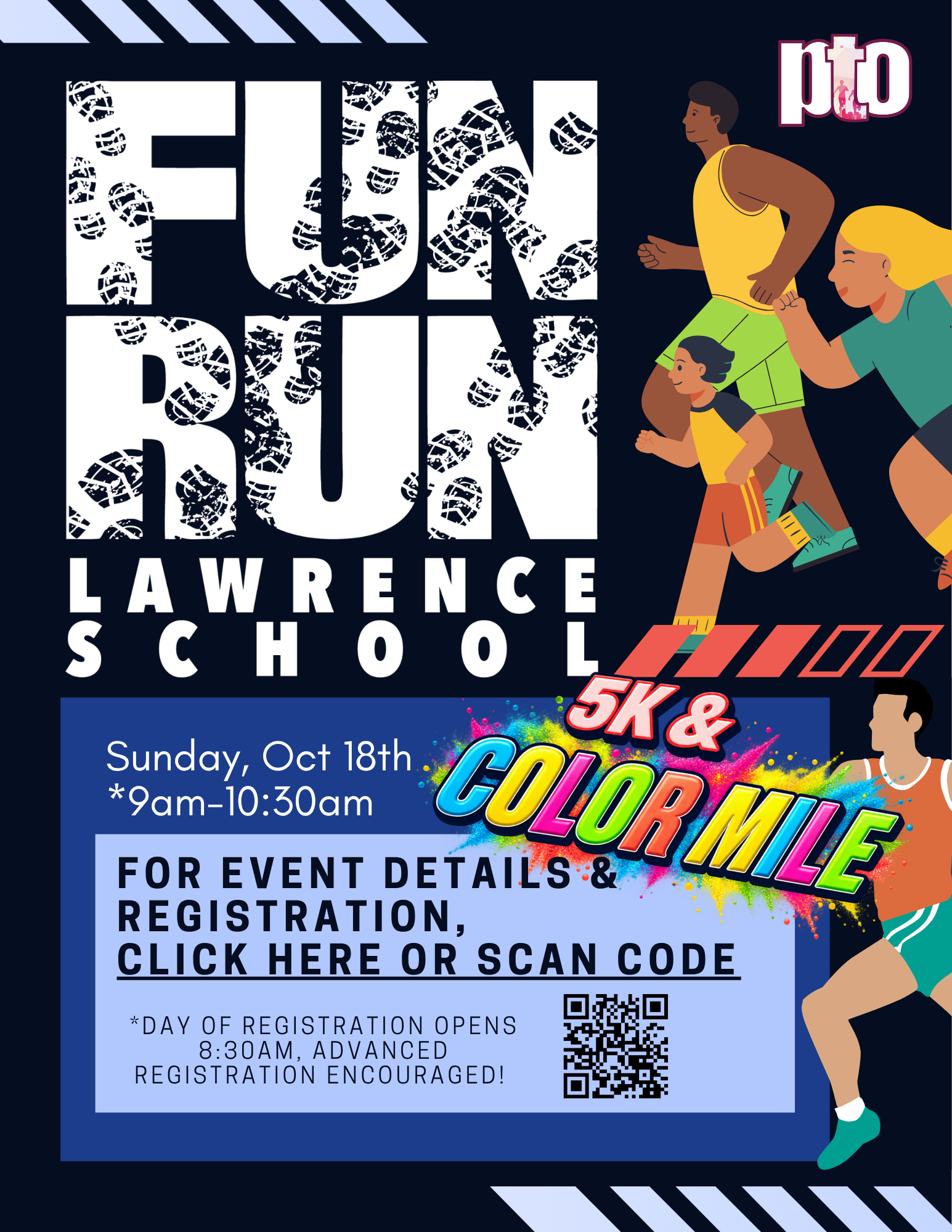 Flyer for an event by Fum Lawence School featuring a 5K run and color run, scheduled for Sunday, October 18th from 9 am to 10:30 am, with details about registration and a QR code for registration.
