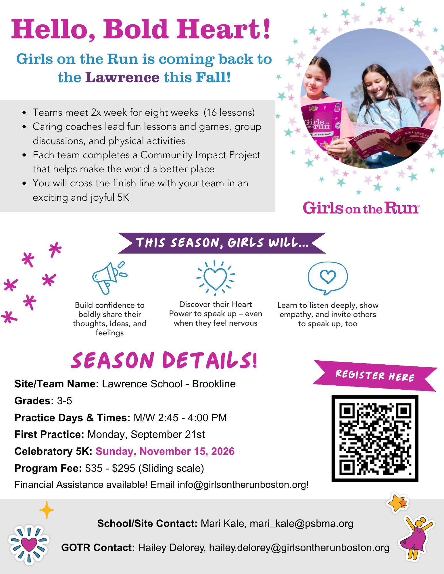 Flyer for Girls on the Run program at Lawrence School in Brookline. It includes program details, contact information, and a photo of three girls reading outdoors, surrounded by stars.