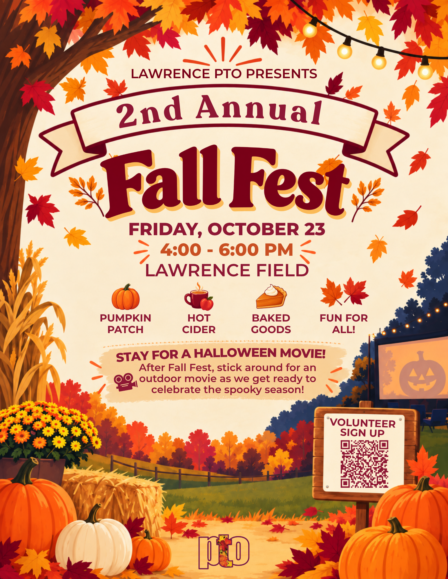 A colorful fall festival poster featuring autumn leaves, pumpkins, and gourds. The event is the 2nd Annual Fall Fest presented by Lawrence PTO, scheduled for Friday, October 23 from 4:00 to 6:00 PM at Lawrence Field. The poster highlights activities including a pumpkin patch, hot cider, baked goods, and fun for all. It also invites people to stay for a Halloween movie after the event with a QR code for volunteer sign-up.