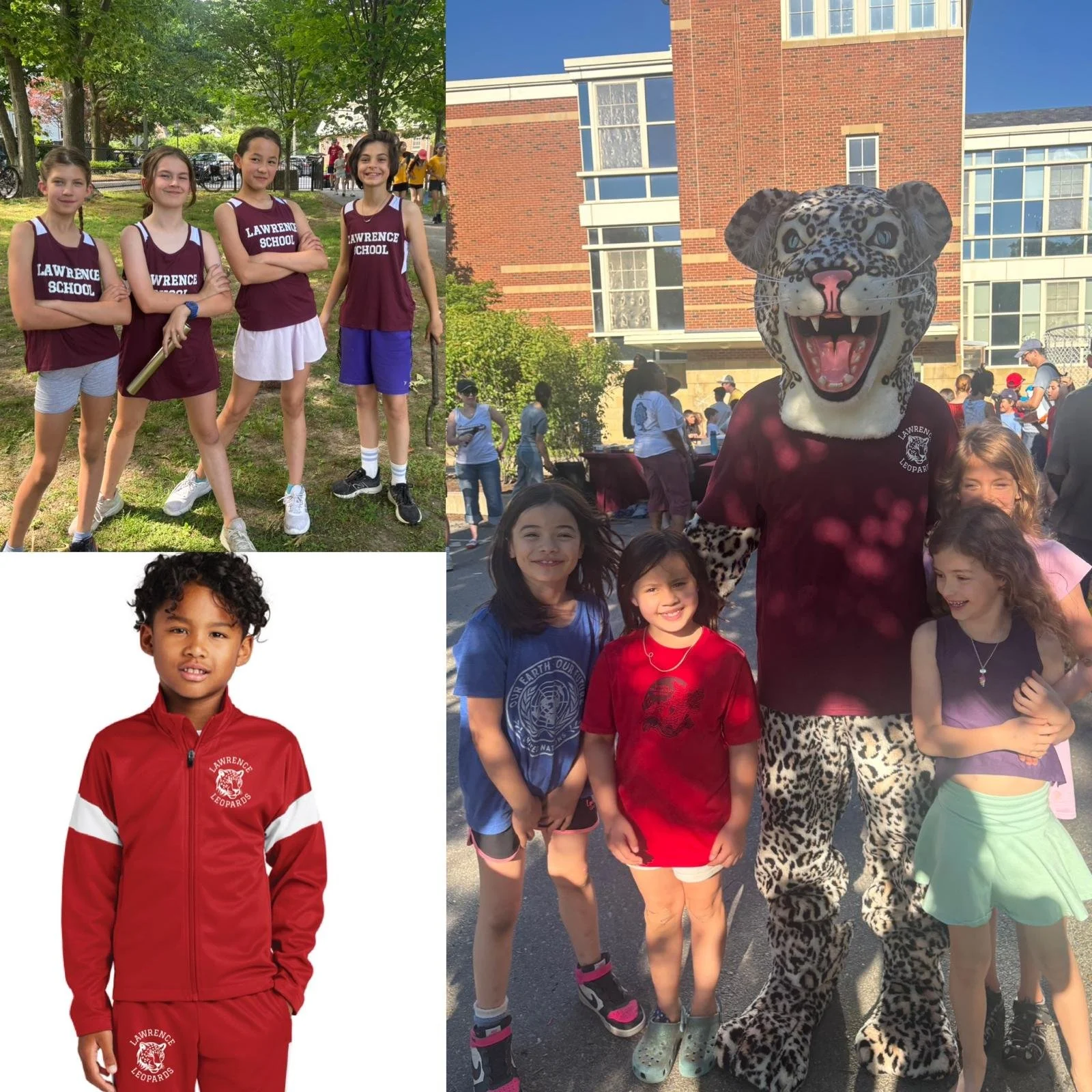 Group of children standing outside, some in maroon and white t-shirts with 'Lawrence School' logo, and a person in a leopard mascot costume, smiling and posing with the kids.