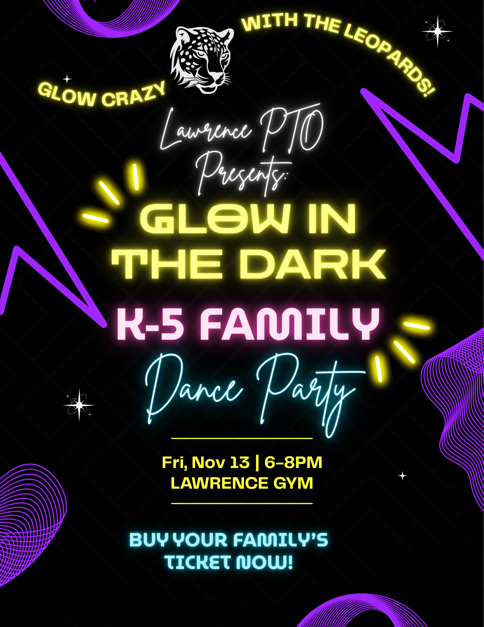 Neon sign promoting a dance party event called "Glow in the Dark" hosted by Lawrence PTO, featuring a leopard illustration and decorative purple and white neon elements on a black background.