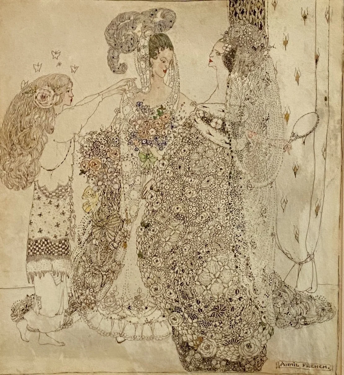 Annie French (1872-1965) Cinderella and the Ugly Sisters, about 1900-10, Pen and ink, watercolour and gold paint on vellum