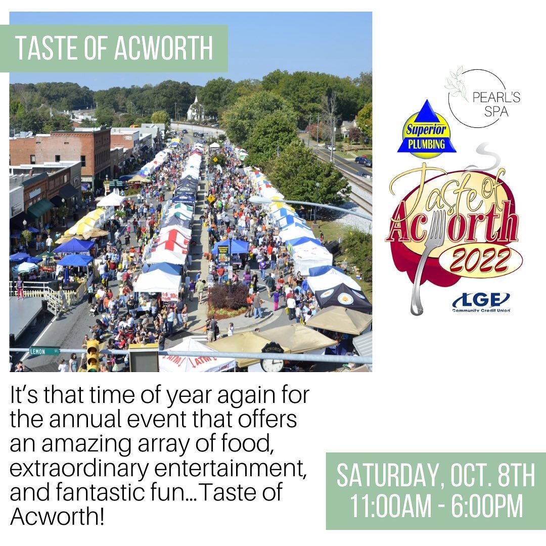 Come visit us this Saturday at Taste of Acworth! 

Stop by our booth for the chance to spin the wheel for prizes and to register for some fun giveaways! We can&rsquo;t wait to see you there!
&bull;
@pearlsspa @visitacworth @acworthbusiness 
&bull;
#t