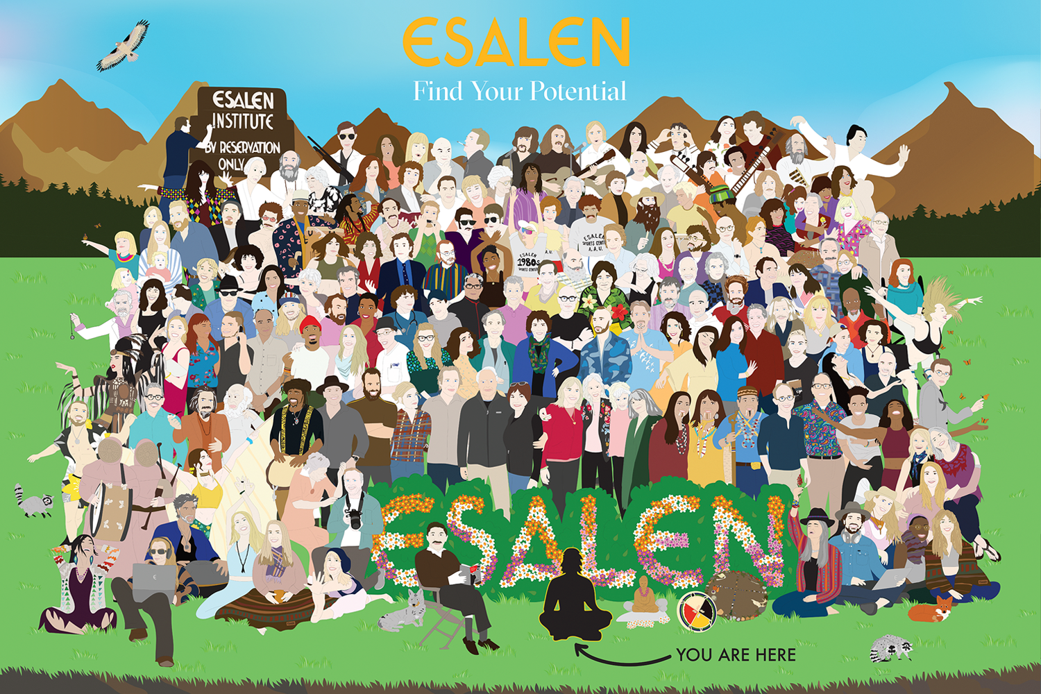 Graphic Design for Esalen Find Your Potential series illustrated by Julia Gomelsky, all decades of Esalen's movers and shakers