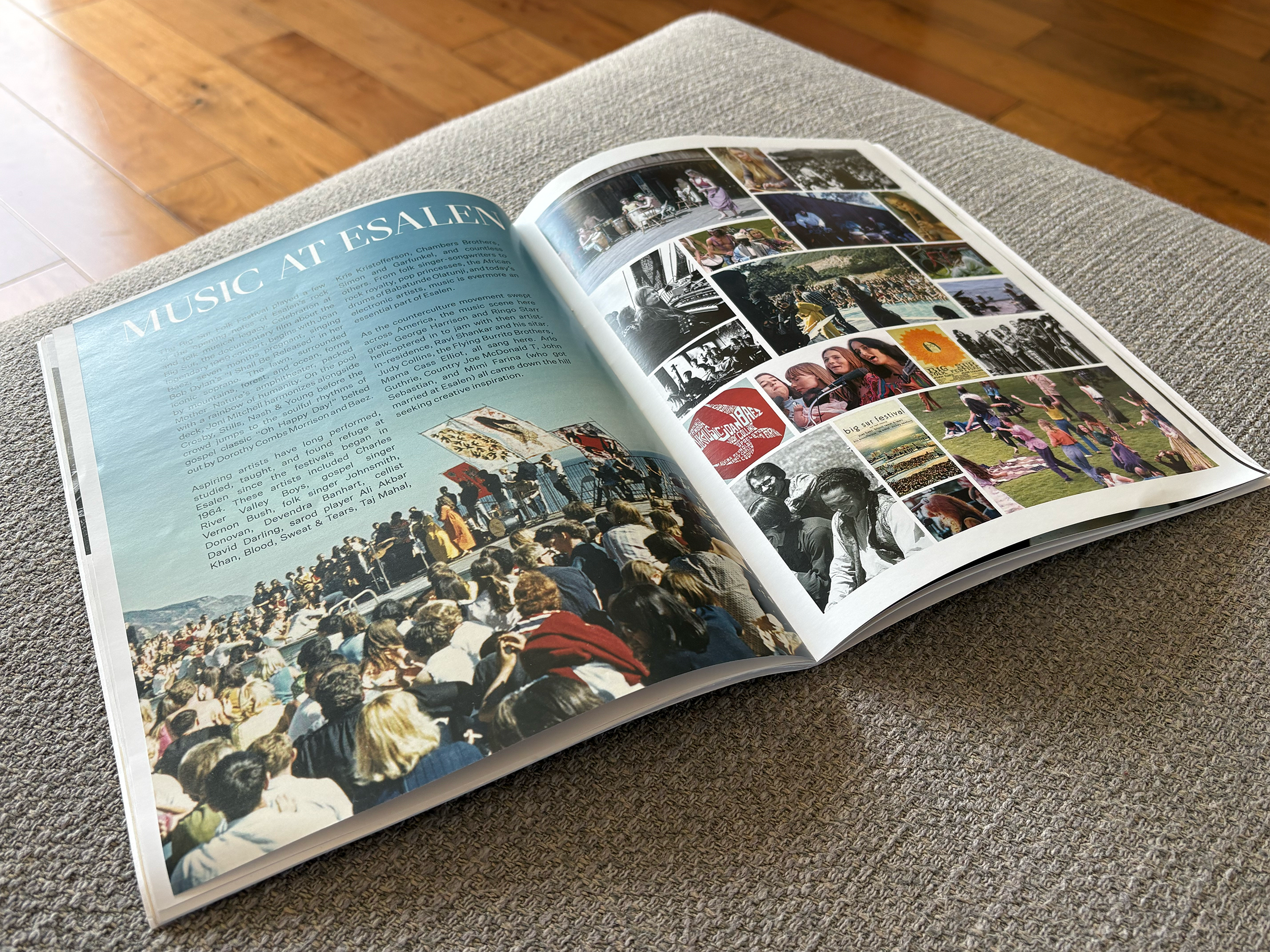 Esalen In-Room magazine on grey couch, opened to music spread