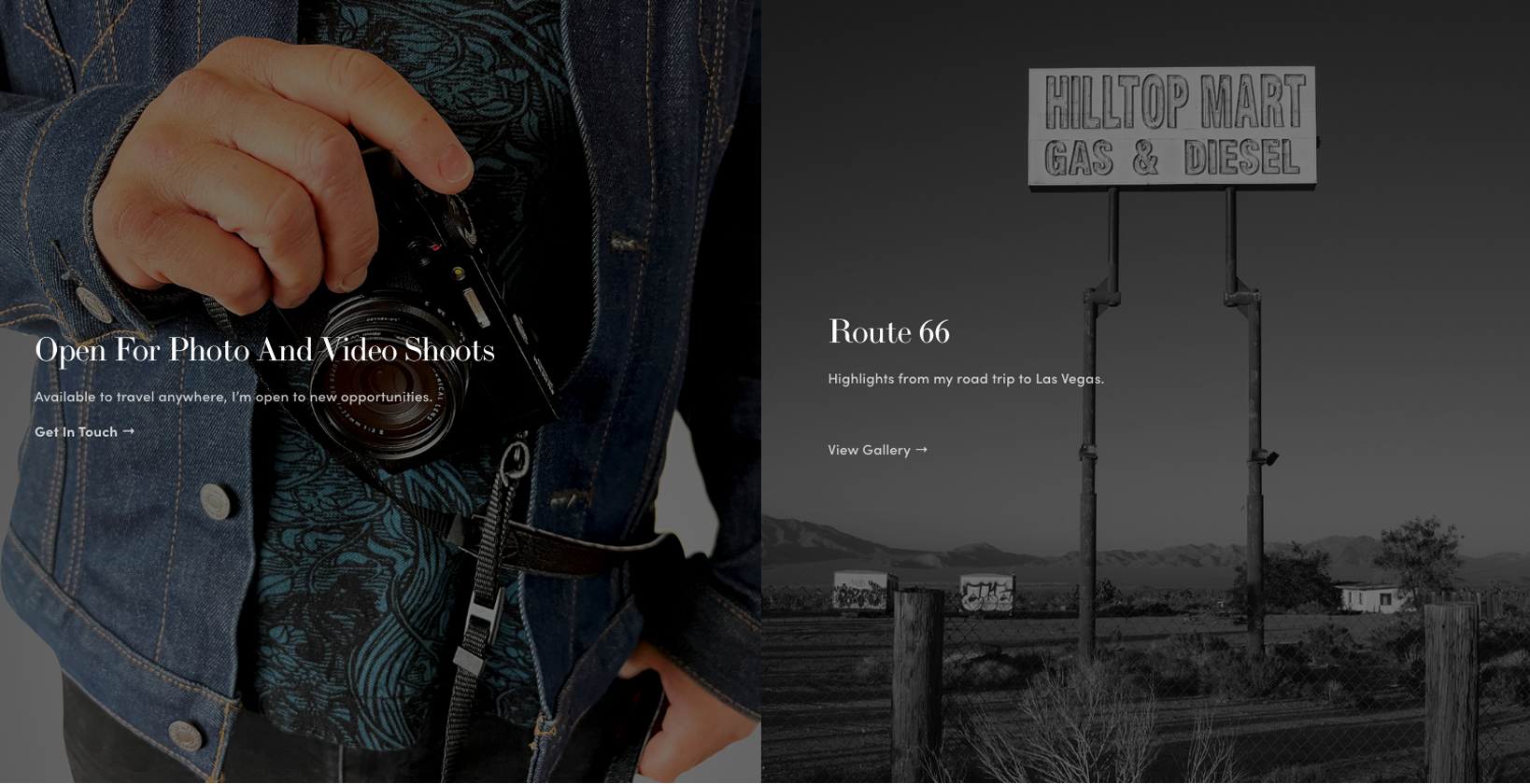 Julia Gomelsky website for James Sullivan, image of photographer with camera and a sign on Route 66