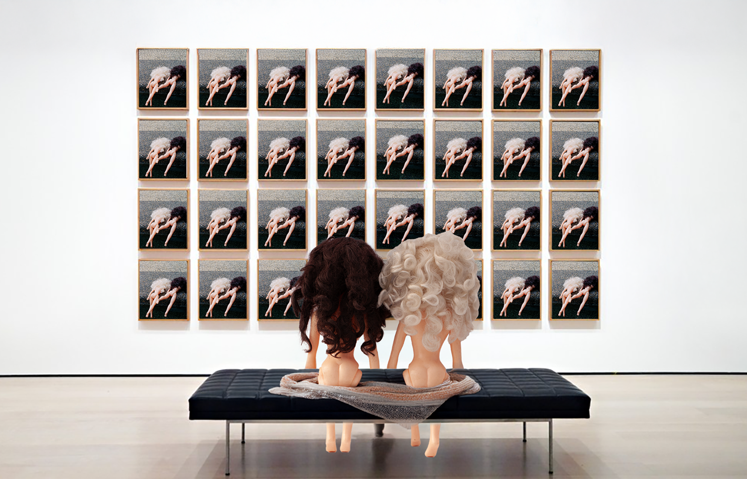 Paige and Ginger backs to the audience looking at framed prints of themselves, backside in a pool