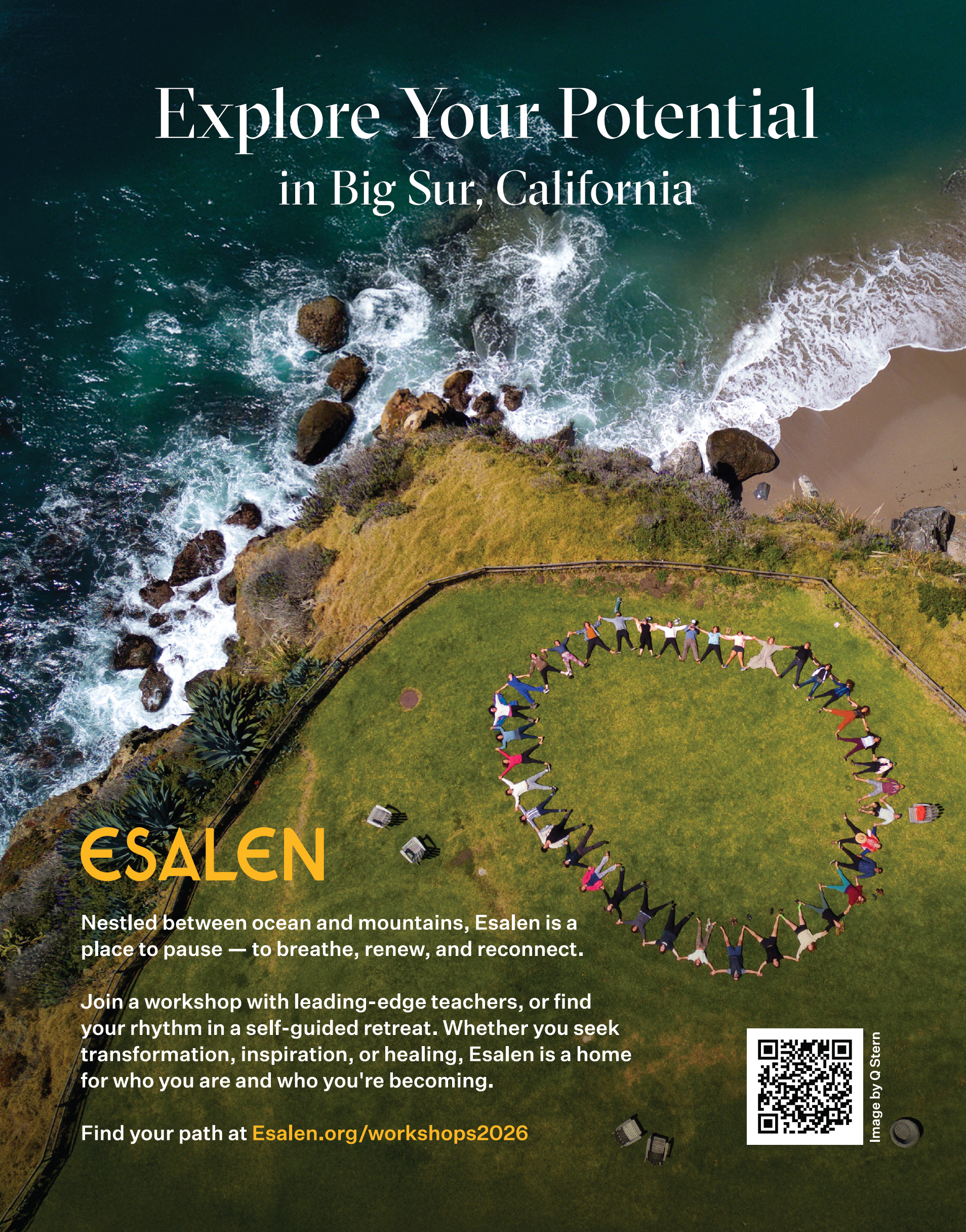 Aerial shot of Esalen lawn and cliff/ocean. Ad for Explore Your Potential in magazine
