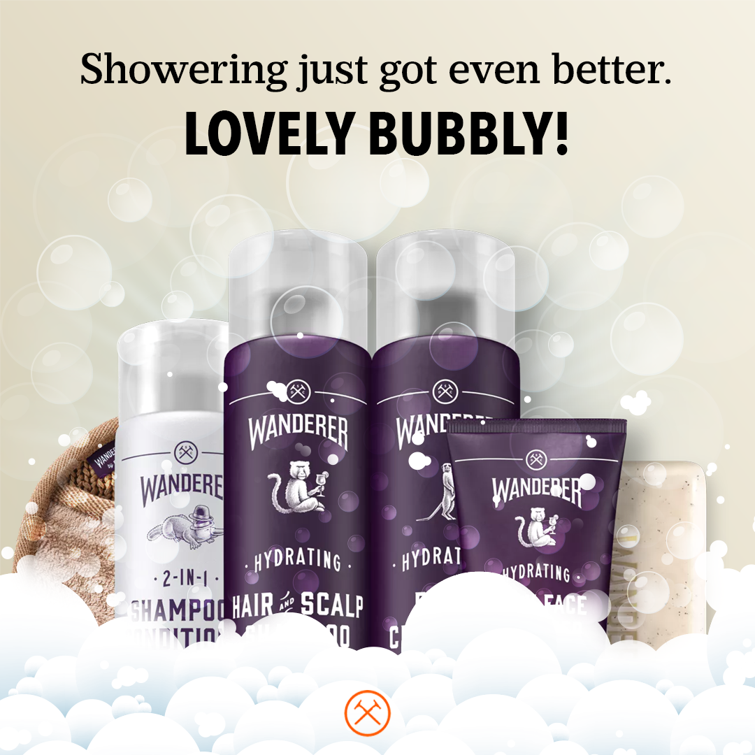 Social media ad featuring shower products with bubbles