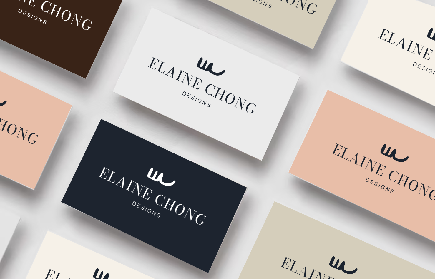 Elaine Chong Designs logo on branded colored business cards designed by Julia Gomelsky