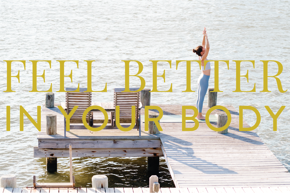 A Frame sign design for Wellbeing with Chelsea, Feel Better in Your Body text overlaid on Chelsea doing yoga on pier