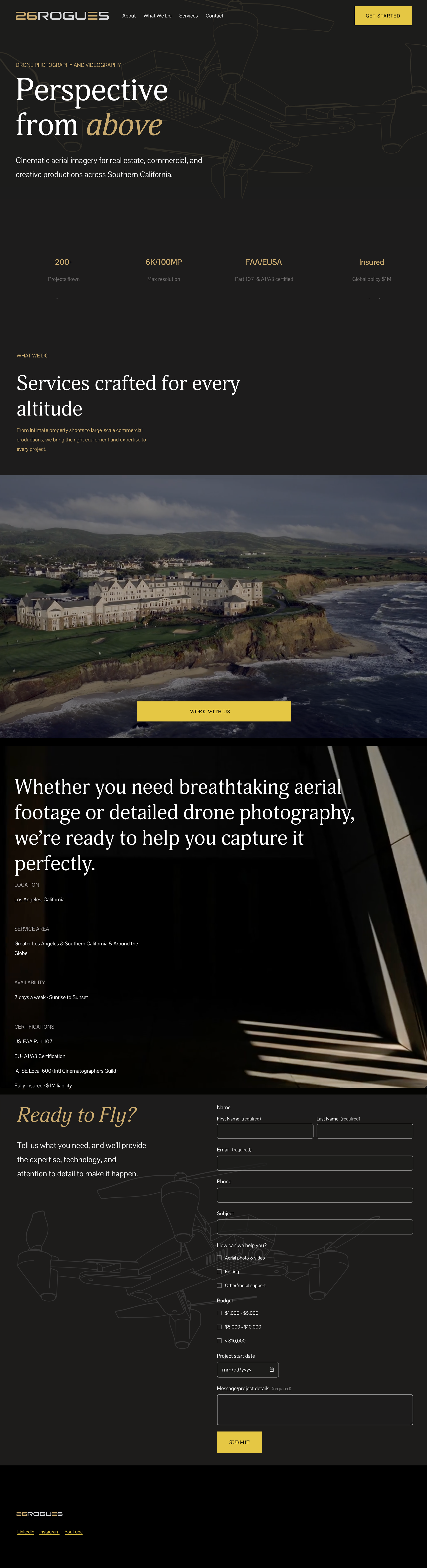 Website for 26rogues.com, black background with drone image of estate along the Pacific ocean