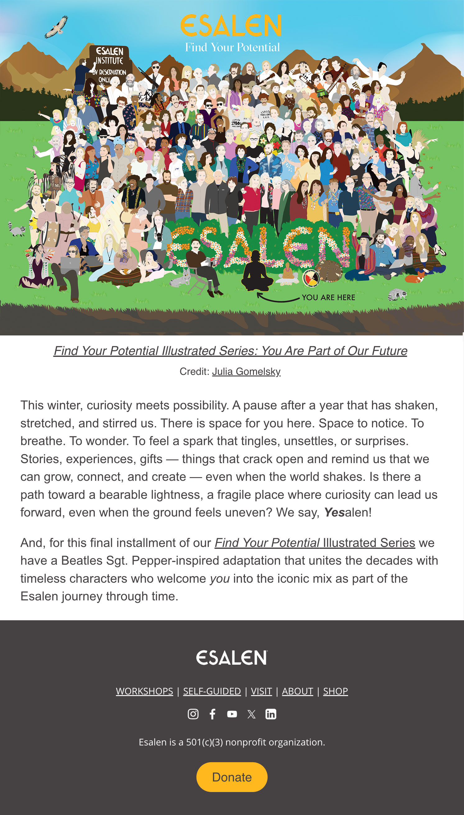 Esalen Find Your Potential add decades, newsletter, illustrated by Juli Gomelsky