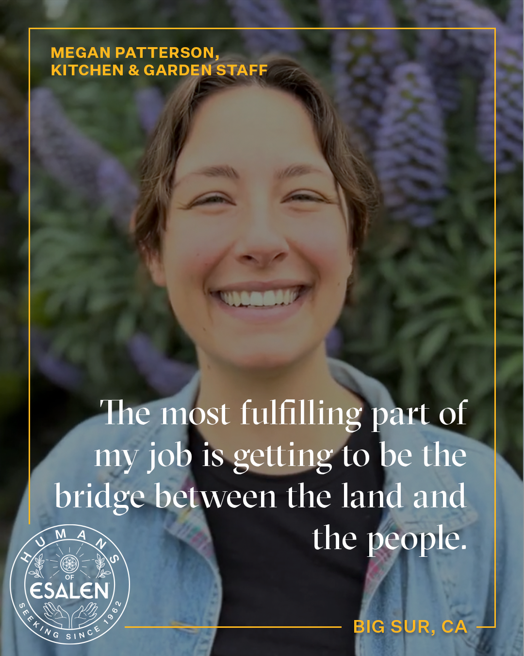 Image of woman with a quote about her experience at Esalen with Humans of Esalen logo in lower left corner