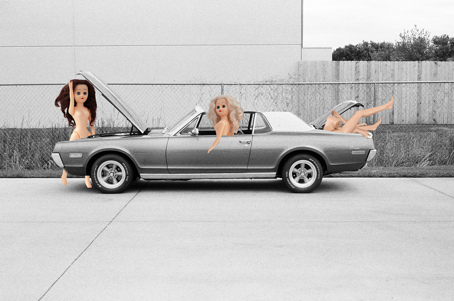 Paige and Ginger in car with doll legs hanging out the trunk