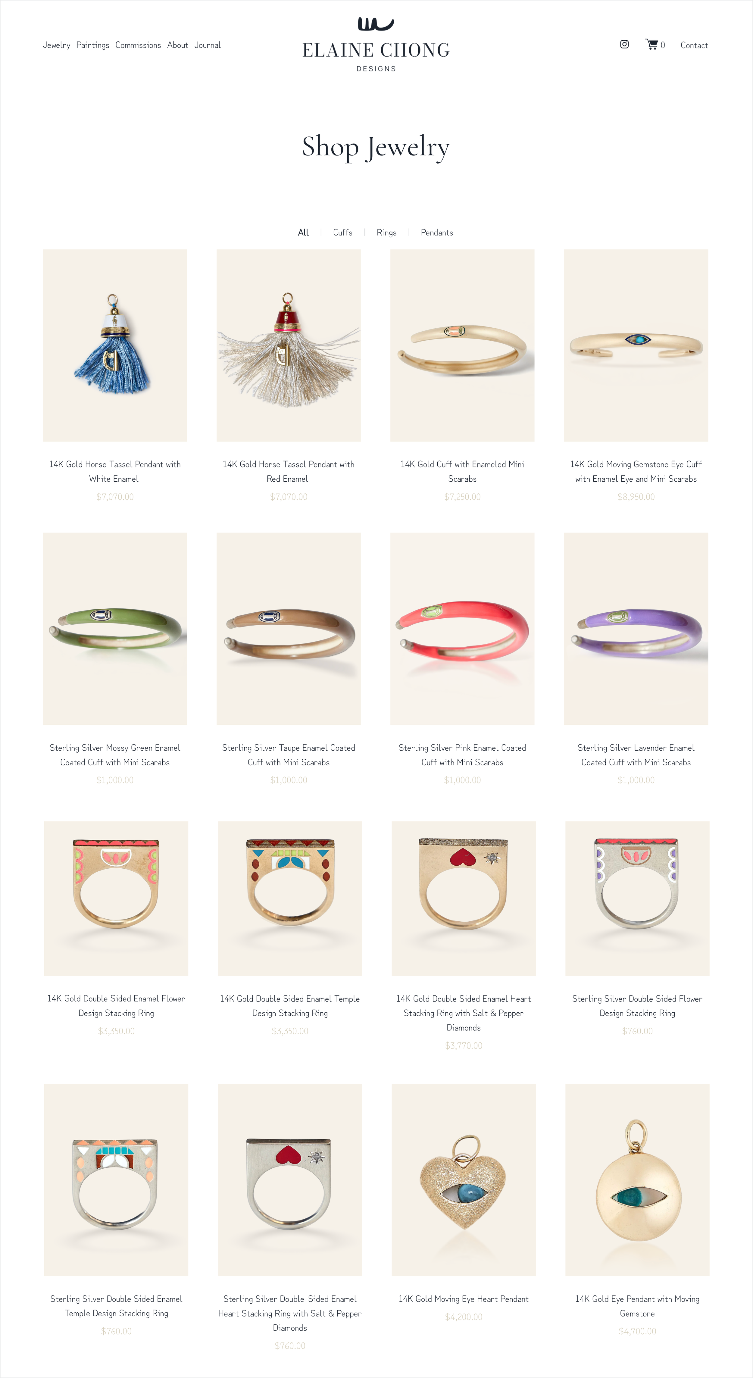 Elaine Chong Designs jewelry page, rings, cuffs and pendants on warm ivory background